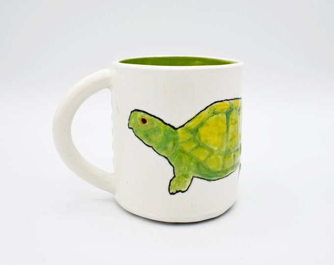 Turtle Mug Coffee Mug Tea Cup Green White With Green Inside Turtle Tortoise Cute Animal Mug in