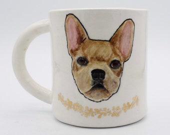 French Bulldog mug: pet portrait coffee mug tea cup | Frenchie dog portrait | with golden floral vine | in stock | dog mom dog dad Gift Idea