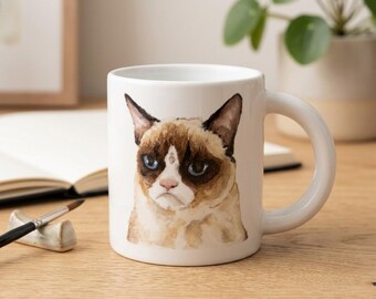 Hand-Painted Grumpy Cat Mug – Ceramic Coffee Cup, Funny Gift