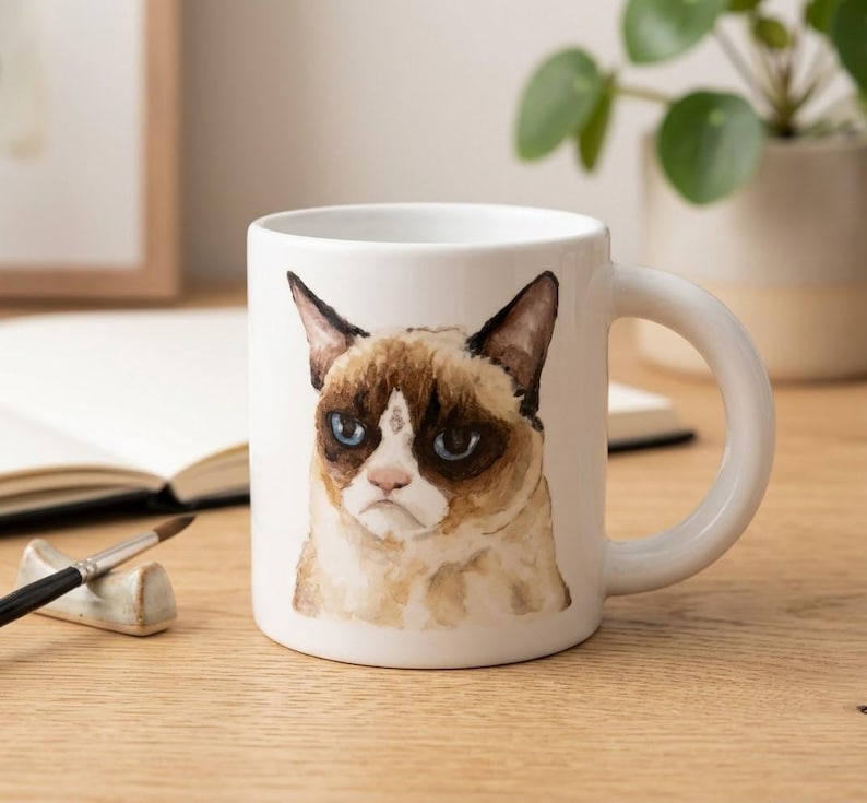 May include: A white ceramic mug featuring a watercolour illustration of a cat with brown and cream fur, blue eyes, and a stern facial expression. The cat is centred on the front of the mug, which has a smooth finish and a curved handle on the right side.