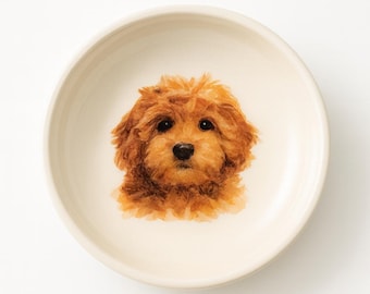 Bandeja de cerámica para anillos de perro Golden Doodle de 10 cm, bandeja para joyas con forma de cachorro, regalo listo para enviar para amantes de los perros, retrato de mascota hecho a mano.
