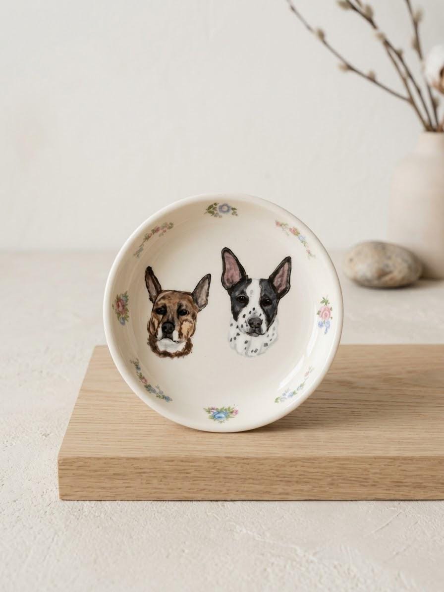 Hand-Painted Dog Portrait Ring Dish - Floral Ceramic Jewelry Holder