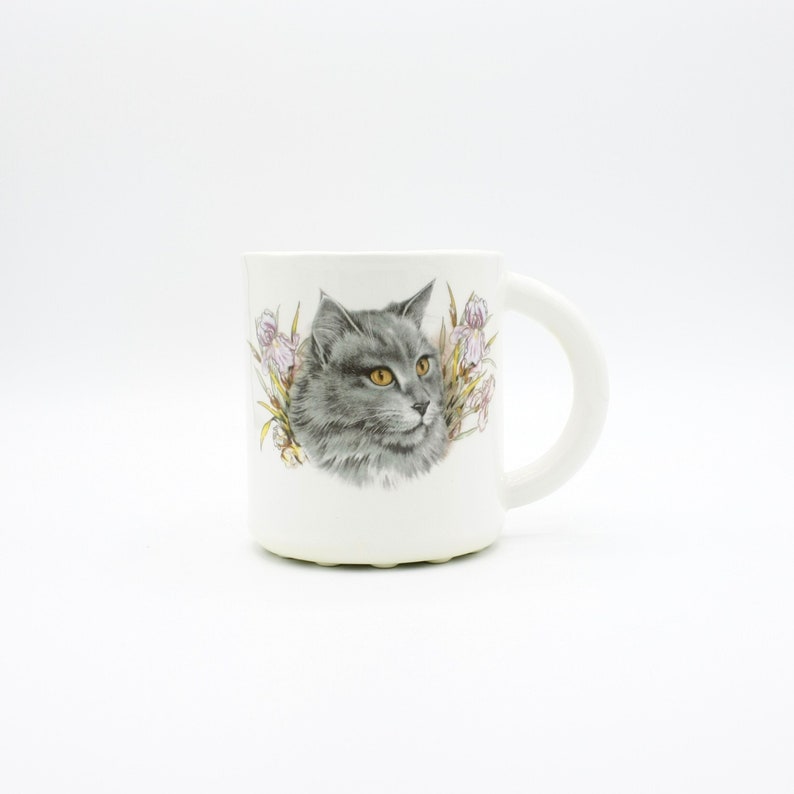 Whiskers & Blooms: Gray Cat Lily Ceramic Mug handmade collectible ceramic art coffee mug tea cup pet portraits cat mom cat dad gift image 1