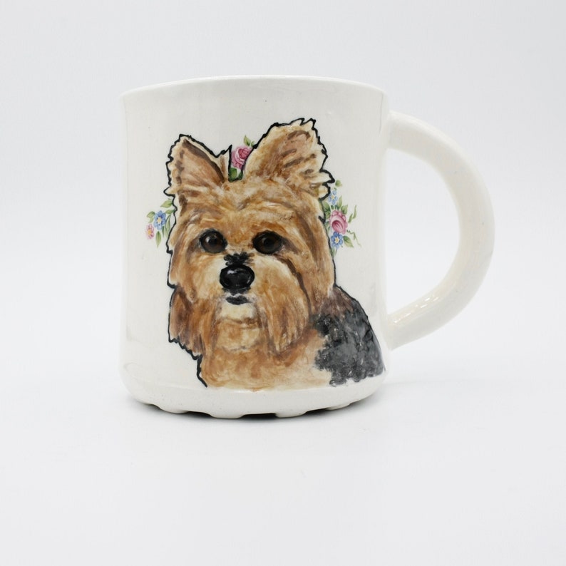 Yorkie mug coffee mug tea cup dog wearing flower crown pet portrait mug in stock dog mom, dog dad gift idea image 1