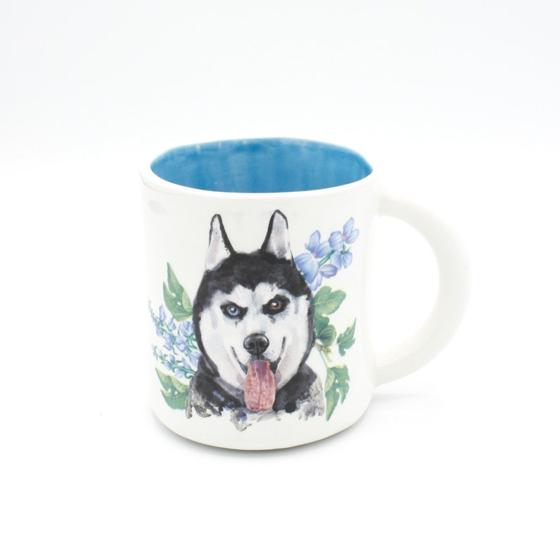 Frozen Elegance: Handmade Ceramic Mug with Siberian Husky and Blue Flowers coffee mug tea cup porcelain original design, in stock image 3