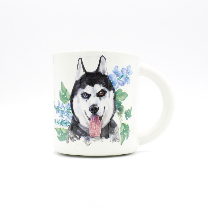 Frozen Elegance: Handmade Ceramic Mug with Siberian Husky and Blue Flowers coffee mug tea cup porcelain original design, in stock image 1