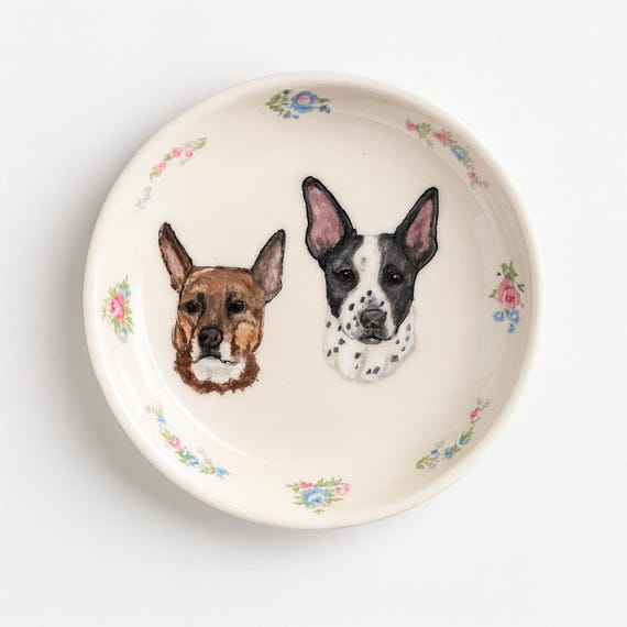 Dog Portrait Ring Dish – Hand-Painted Ceramic Jewelry Dish with Floral Border, 4” Round – Pet Lover Gift, In Stock & Ready to Ship