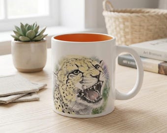 Handmade Cheetah Portrait Ceramic Mug: Animal Lover Gift