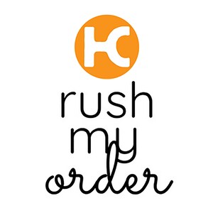 May include: Orange circle with the letter "K" in white. Text below reads "rush my order" in black.