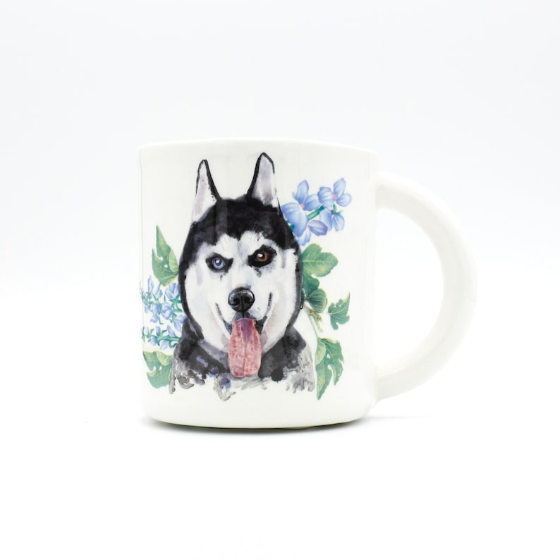 Frozen Elegance: Handmade Ceramic Mug with Siberian Husky and Blue Flowers coffee mug tea cup porcelain original design, in stock image 2