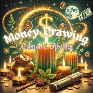 Puede incluir: Un fondo verde y dorado con un símbolo de dólar brillante y el texto "Money Drawing Candle Spells". Hay varias velas doradas, un cuenco de monedas de oro y un billete de dólar enrollado.