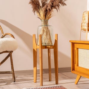 handmade plant stand for living room, indoor plant stand in wood mid century modern style, tall plant stand for pot, solid hardwood stand