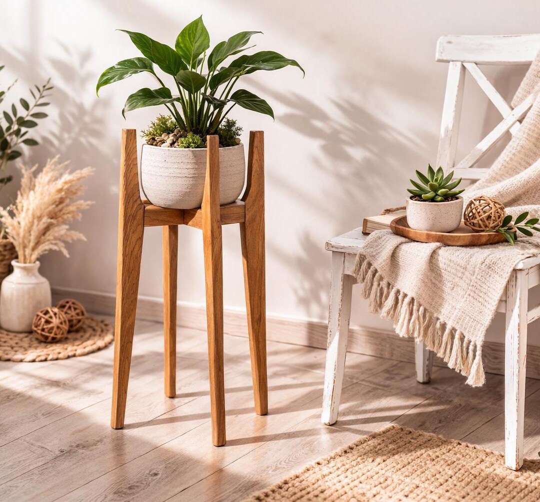 Indoor Plant Stand in Wood Mid Century Modern Style, Handmade Solid ...