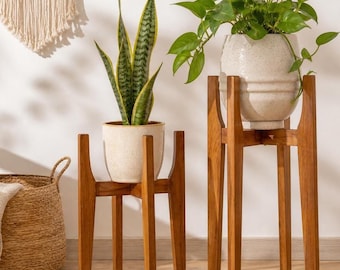 Indoor Plant Stand in Wood Mid Century Modern Style, Home Decor, Handmade Solid Hardwood
