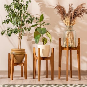 indoor plant stand in wood mid century modern style, Handmade wood stand for home decor, plant stand set of three, furniture for living room