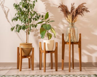 Indoor Plant Stand in Wood Mid Century Modern Style, Handmade Living Room Decor