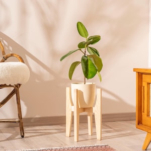 handmade plant stand for living room, indoor plant stand in wood mid century modern style, short plant stand for pot, special design
