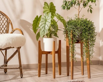 Indoor Plant Stand in Wood Mcm Style, Handmade Solid Hardwood Home Decor, Pot Holder