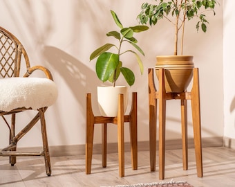 Indoor Plant Stand in Wood Mid Century Modern Style, Handmade Solid Hardwood Home Decor