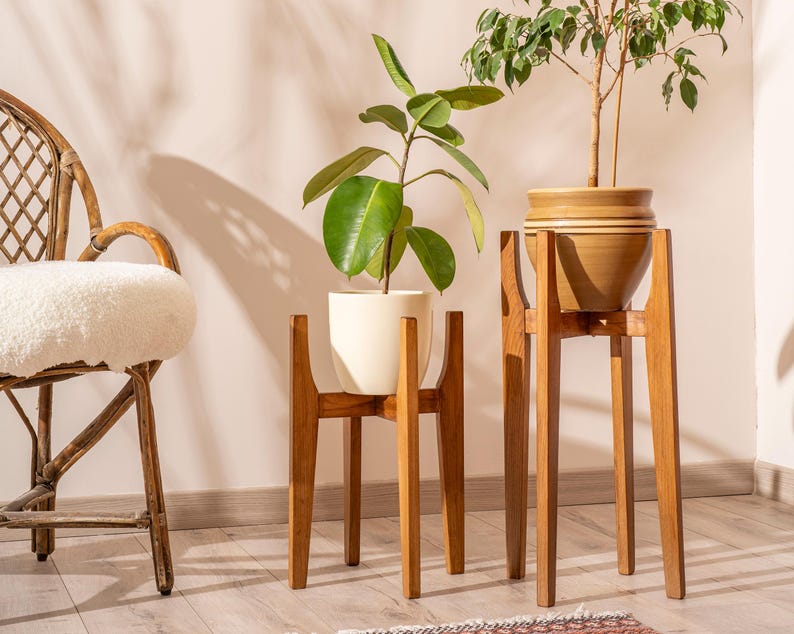 Indoor Plant Stand in Wood Mid Century Modern Style, Handmade Solid Hardwood Home Decor image 1