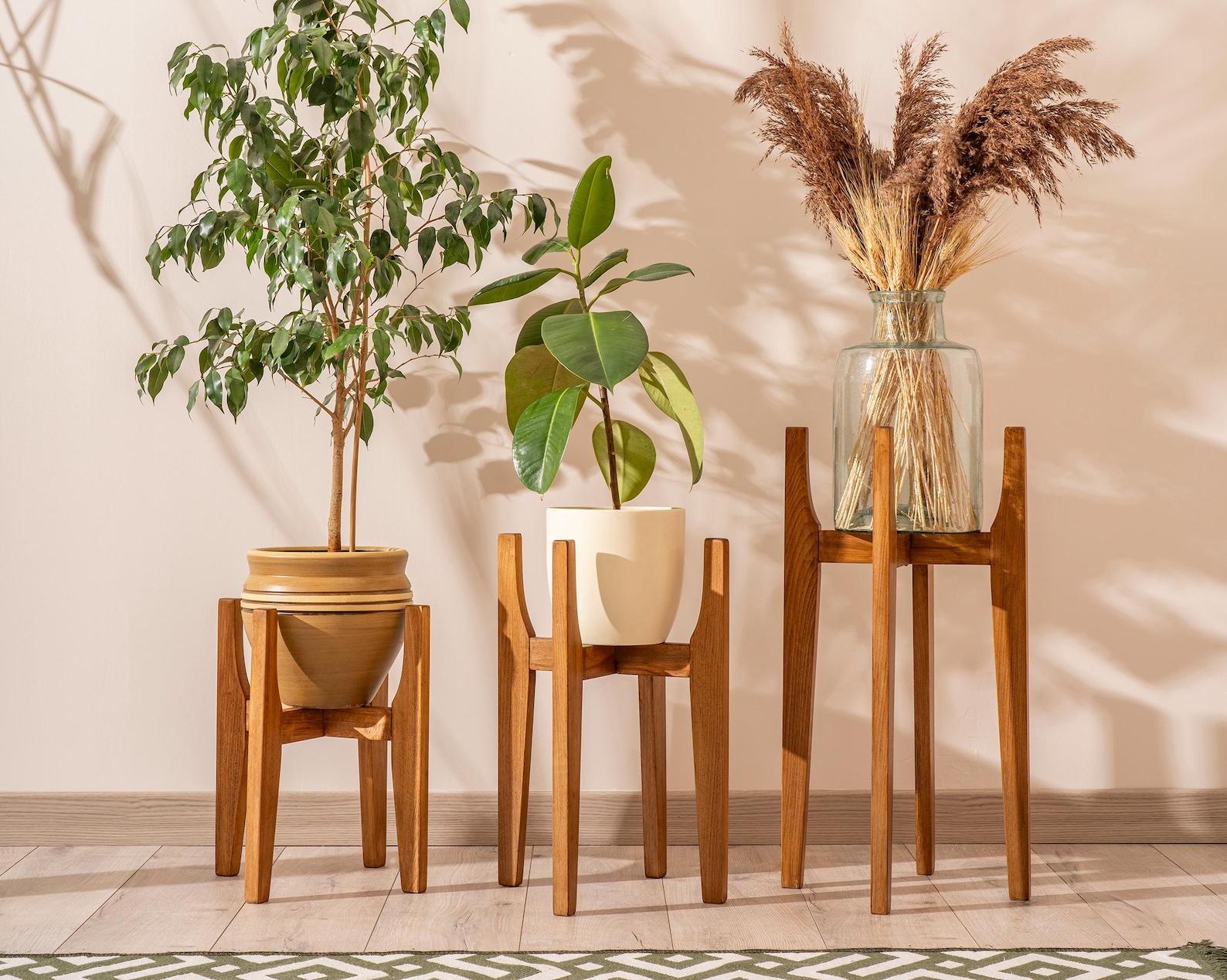 Set of Indoor Plant Stand in Wood Mid Century Modern Style, Living Room Decor