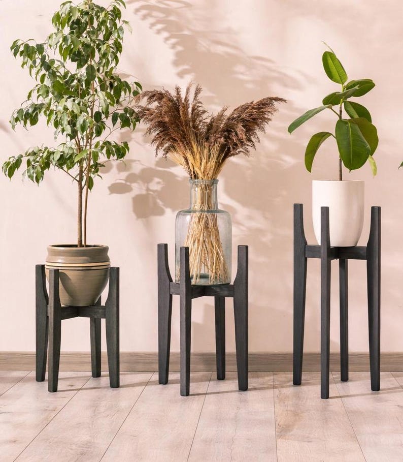 Indoor Plant Stand in Wood Mid Century Modern Style, Handmade Solid Hardwood Home Decor image 5