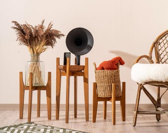 Indoor Plant Stand in Wood Mid Century Modern Style: Handmade Solid Hardwood Home Decor