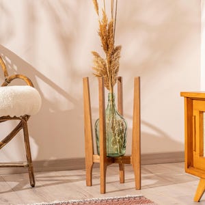 indoor plant stand in wood mid century modern style, tall plant stand for pot, handmade plant stand for living room,  wood furniture stand