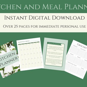 Kitchen and Meal Planner Green, Recipe, Instant Download, Printable, Binder, Household Inserts, Family