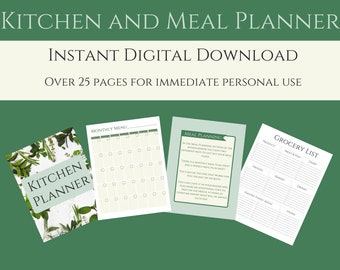 Kitchen and Meal Planner Green, Recipe, Instant Download, Printable, Binder, Household Inserts, Family