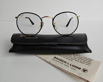 非常に希少 - Ray-Ban B&L W0778 ブラックレザー ラウンドチェンジブルサングラス 80年代
