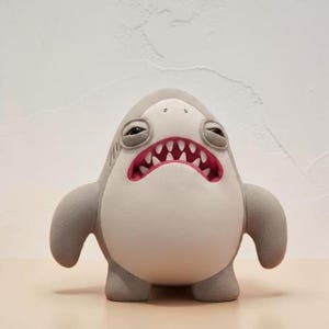 Op de afbeelding: Een pluche haaienfiguur met een cartoonachtig ontwerp. De haai heeft een grijze body, witte buik en een wijd open mond met roze tandvlees en scherpe witte tanden. Het heeft kleine grijze armen en een slaperige uitdrukking.