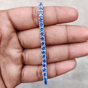 Bracciale con diamanti e zirconi cubici in zaffiro blu, bracciale in argento sterling 925, bracciale con ciondoli fatto a mano, bracciale tennis rotondo con zirconi cubici, splendido regalo per la mamma.