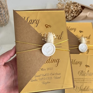 Faire-part de mariage en acrylique personnalisé - Faire-part de mariage élégant en acrylique miroir avec feuille d'or - Papeterie de mariage moderne de luxe