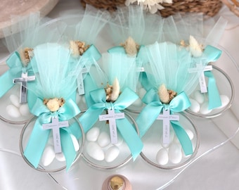 Detalle de bautizo personalizado: bombones de almendra en bolsita de tul con forma de anillo, regalo de recuerdo para el bautizo