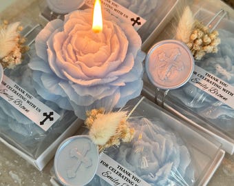 Velas perfumadas de peonía personalizadas, recuerdos para bautizos y bodas.