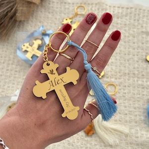 Personalized Acrylic Cross Keyring | Baptism & Christening Favor | Custom Christian Keepsake