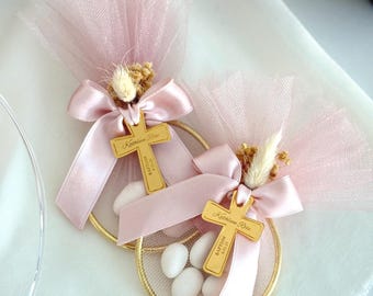 Detalle de bautizo personalizado: bombones de almendra en bolsita de tul con forma de anillo, regalo de recuerdo para el bautizo