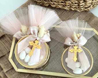 Detalle de bautizo personalizado: bombones de almendra en bolsita de tul con forma de anillo, regalo de recuerdo para el bautizo