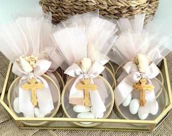 Detalle de bautizo personalizado: bombones de almendra en bolsita de tul con forma de anillo, regalo de recuerdo para el bautizo