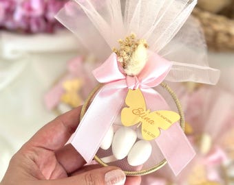 Detalle de bautizo personalizado: bombones de almendra en bolsita de tul con forma de anillo, regalo de recuerdo para el bautizo