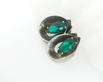 Vintage Sterling Screw Back Earrings - 1940s Emerald Green Marquis Stone Earring - Elegant Vintage Earrings