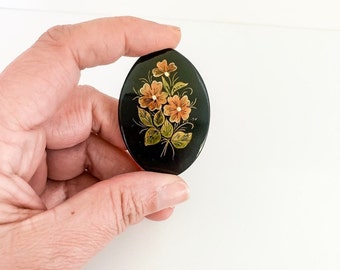 Russian Black Floral Bouquet Pin Brooch - Oval Pin - Vintage Flower Jewelry - Hand Painted Brooch