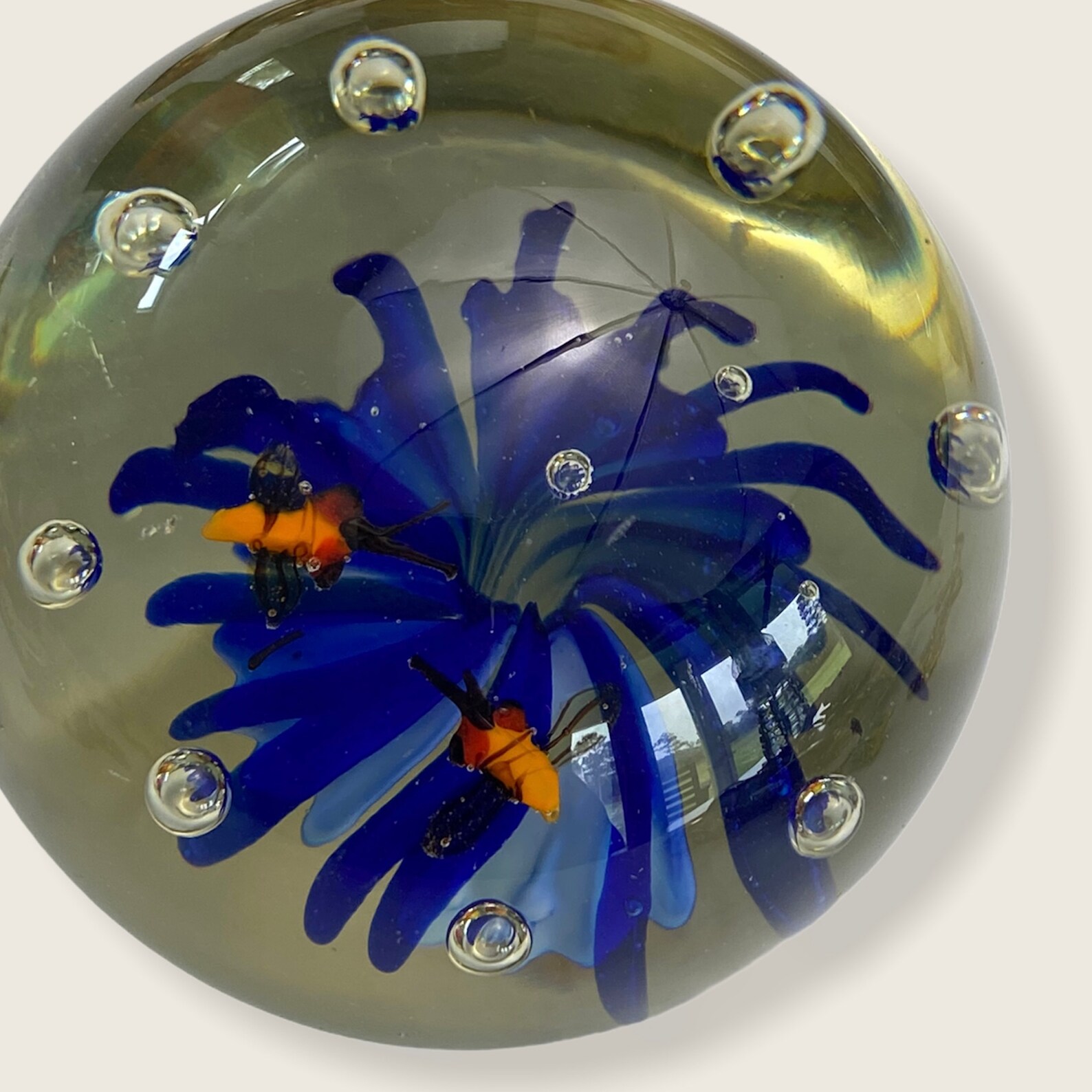 Art Glass Paperweight With Blue Flowers and Flying Bees Controlled