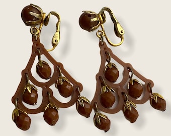 Vintage Boho Brown Chandelier Earrings - Touch of Gold Mamselle - Clip on Earrings