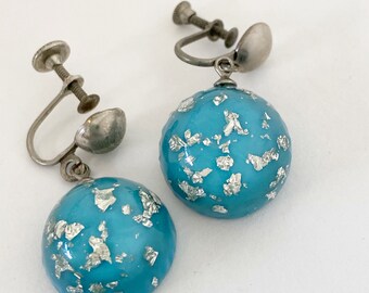 Vintage Blue Lucite Dangle Earrings with Embedded Silver Flakes - Dome Resin Earrings