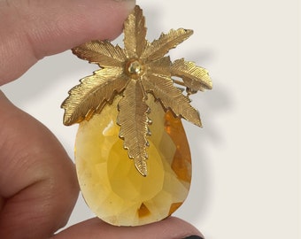 Vintage SARAH COVENTRY Crystal Amber Rhinestone Brooch Pendant Combo - Gold Tone Pineapple Pin