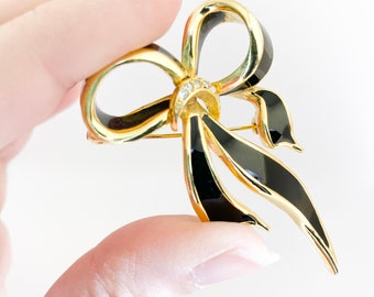 Black Enamel Ribbon Brooch - Ribbon Bow Pin - black and gold