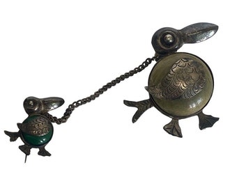 Vintage Mexican Sterling Silver Water Bird Mother Baby Chatelaine Book Piece