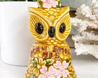 Vintage souvenir ceramic owl bell - Great Smoky Mountains - Floral Owl From Japan